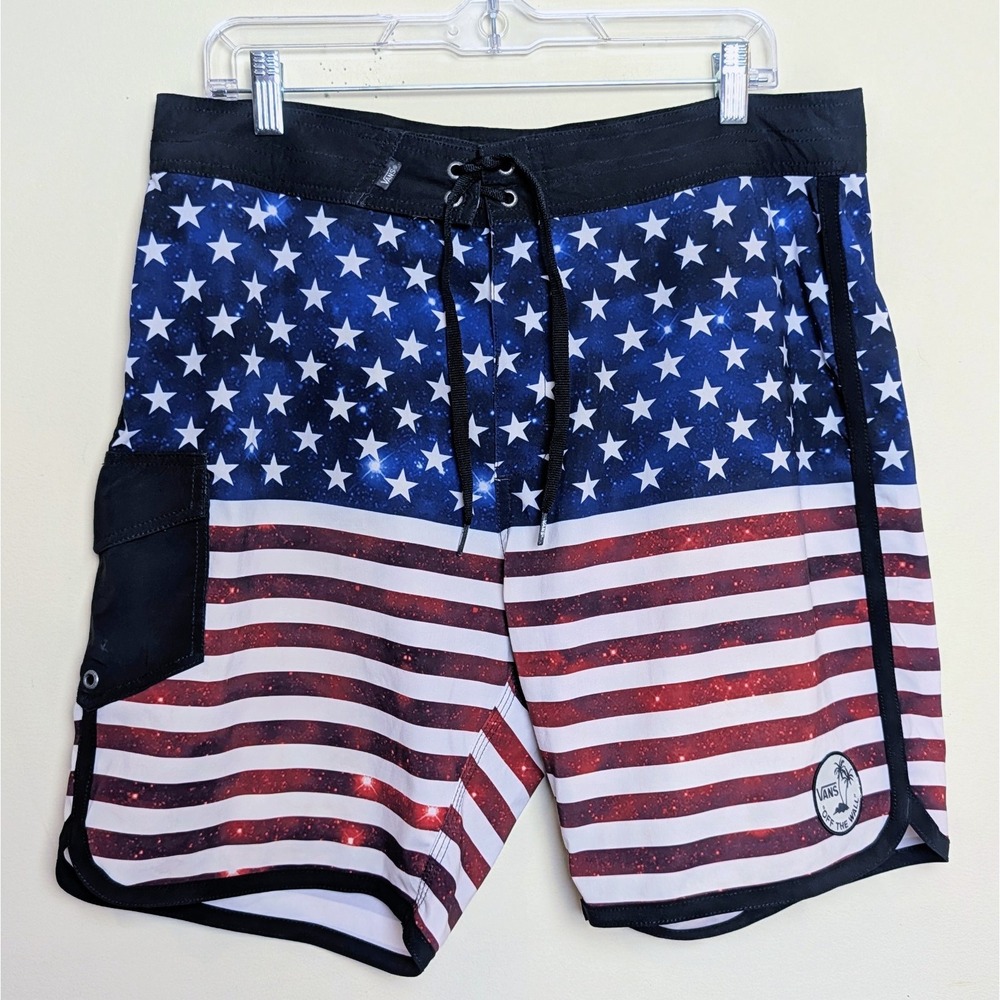 VANS Board Shorts Easy Rider Glitter American Flag Stretch Men's Size 34